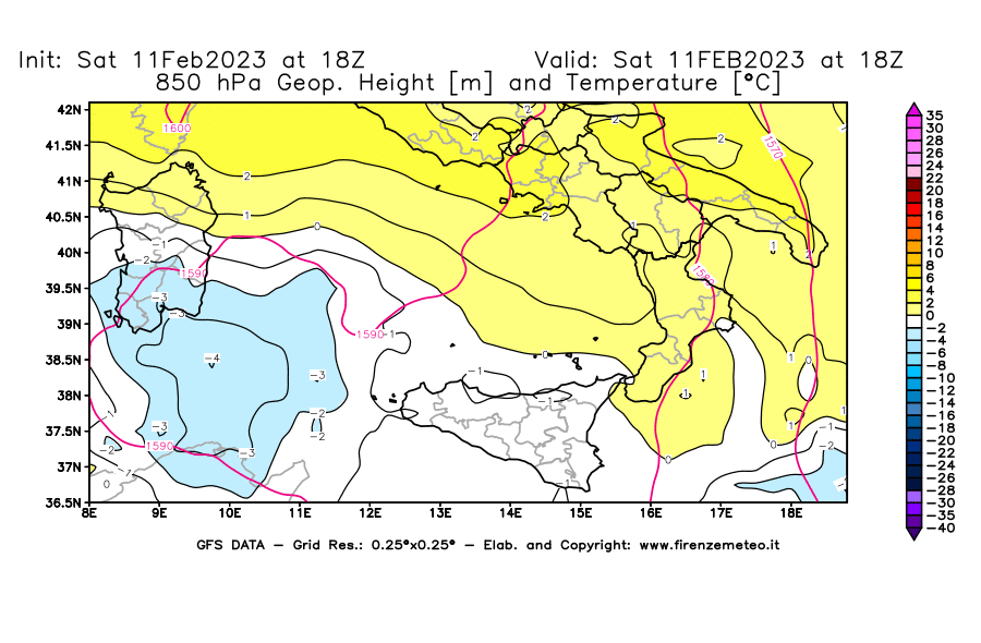 Mappa di analisi GFS - Geopotenziale [m] e Temperatura [°C] a 850 hPa in Sud-Italia
							del 11/02/2023 18 <!--googleoff: index-->UTC<!--googleon: index-->