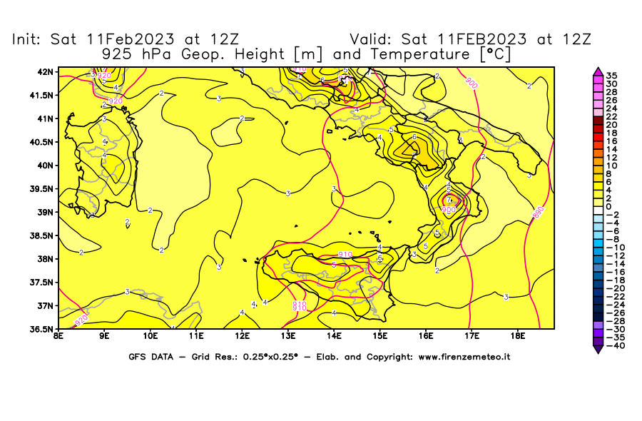 Mappa di analisi GFS - Geopotenziale [m] e Temperatura [°C] a 925 hPa in Sud-Italia
							del 11/02/2023 12 <!--googleoff: index-->UTC<!--googleon: index-->