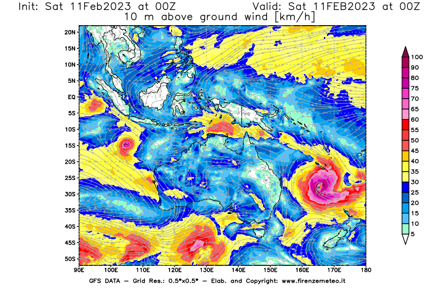 Mappa di analisi GFS - Velocità del vento a 10 metri dal suolo [km/h] in Oceania
							del 11/02/2023 00 <!--googleoff: index-->UTC<!--googleon: index-->