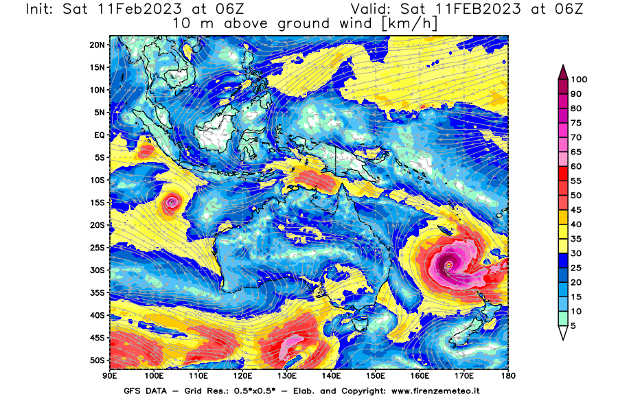 Mappa di analisi GFS - Velocità del vento a 10 metri dal suolo [km/h] in Oceania
							del 11/02/2023 06 <!--googleoff: index-->UTC<!--googleon: index-->