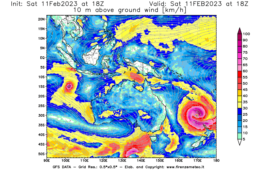 Mappa di analisi GFS - Velocità del vento a 10 metri dal suolo [km/h] in Oceania
							del 11/02/2023 18 <!--googleoff: index-->UTC<!--googleon: index-->