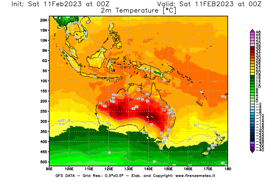 Mappa di analisi GFS - Temperatura a 2 metri dal suolo [°C] in Oceania
							del 11/02/2023 00 <!--googleoff: index-->UTC<!--googleon: index-->