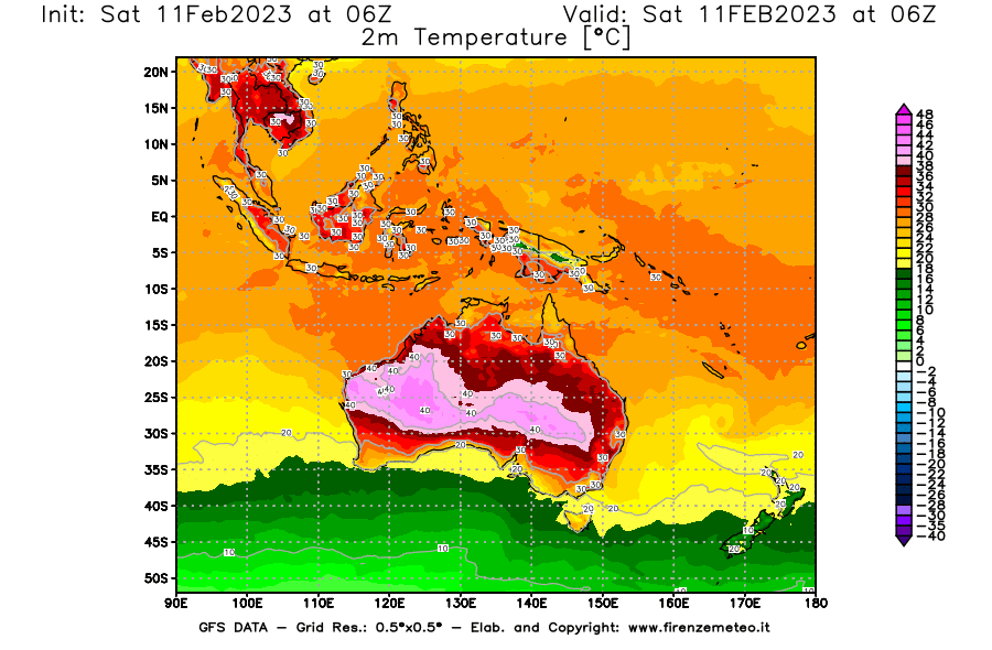 Mappa di analisi GFS - Temperatura a 2 metri dal suolo [°C] in Oceania
							del 11/02/2023 06 <!--googleoff: index-->UTC<!--googleon: index-->