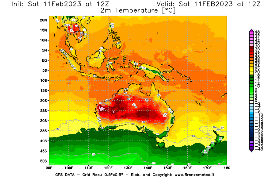 Mappa di analisi GFS - Temperatura a 2 metri dal suolo [°C] in Oceania
							del 11/02/2023 12 <!--googleoff: index-->UTC<!--googleon: index-->