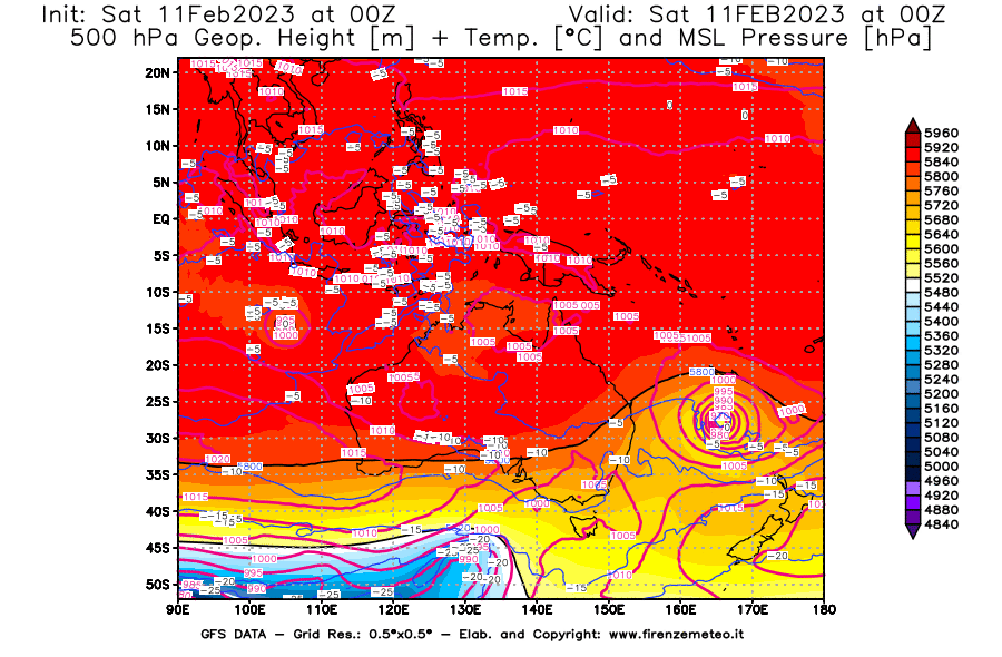 Mappa di analisi GFS - Geopotenziale [m] + Temp. [°C] a 500 hPa + Press. a livello del mare [hPa] in Oceania
							del 11/02/2023 00 <!--googleoff: index-->UTC<!--googleon: index-->