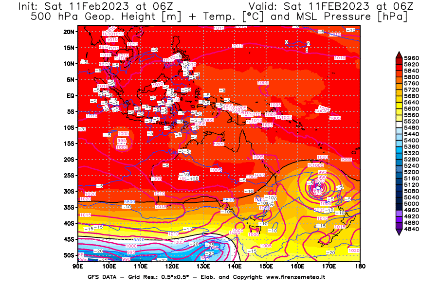 Mappa di analisi GFS - Geopotenziale [m] + Temp. [°C] a 500 hPa + Press. a livello del mare [hPa] in Oceania
							del 11/02/2023 06 <!--googleoff: index-->UTC<!--googleon: index-->