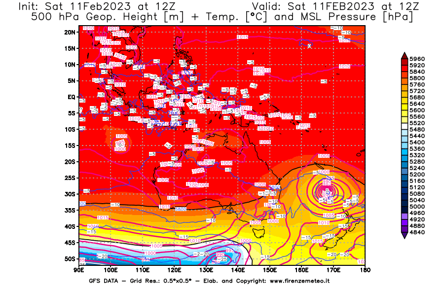 Mappa di analisi GFS - Geopotenziale [m] + Temp. [°C] a 500 hPa + Press. a livello del mare [hPa] in Oceania
							del 11/02/2023 12 <!--googleoff: index-->UTC<!--googleon: index-->