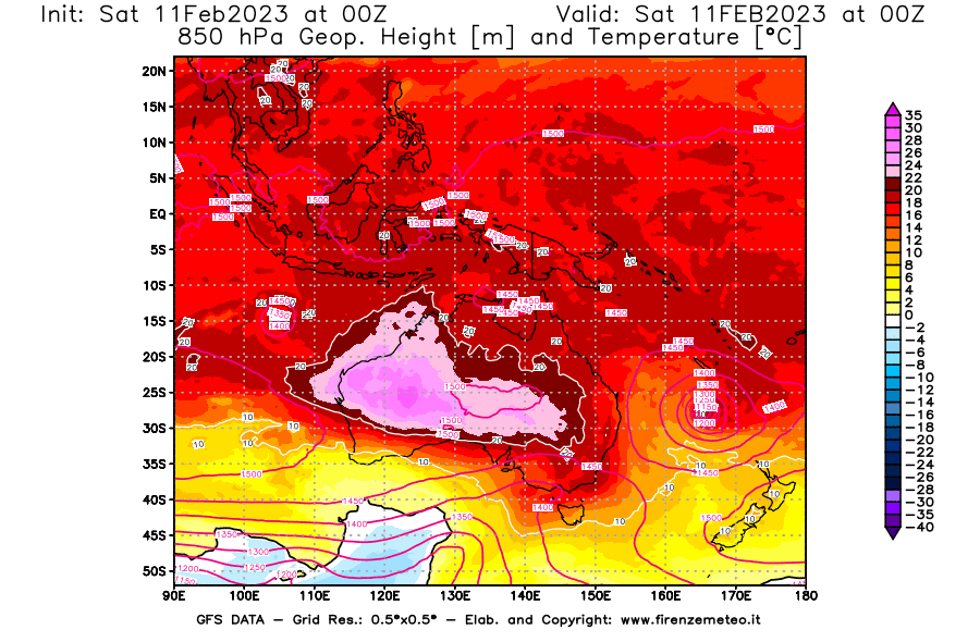 Mappa di analisi GFS - Geopotenziale [m] e Temperatura [°C] a 850 hPa in Oceania
							del 11/02/2023 00 <!--googleoff: index-->UTC<!--googleon: index-->