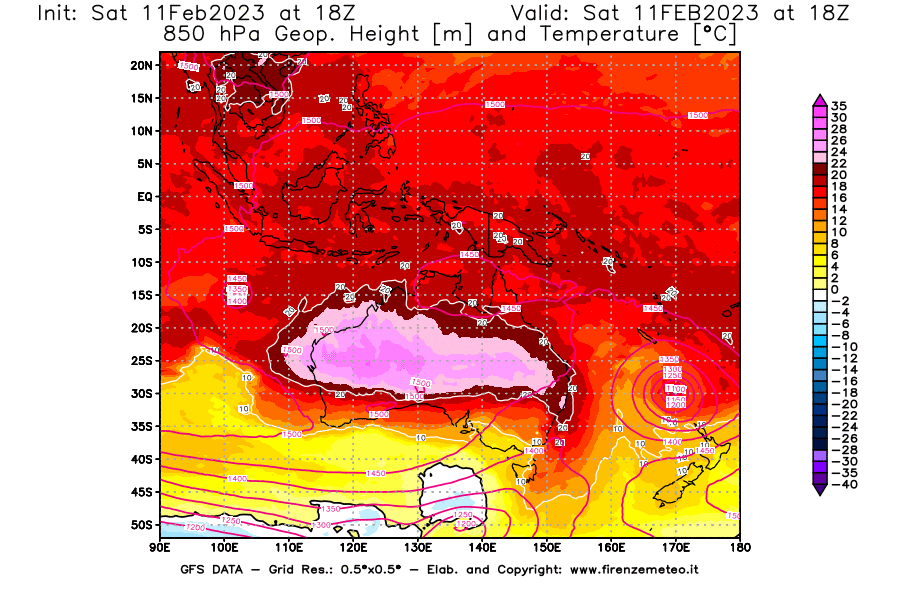 Mappa di analisi GFS - Geopotenziale [m] e Temperatura [°C] a 850 hPa in Oceania
							del 11/02/2023 18 <!--googleoff: index-->UTC<!--googleon: index-->