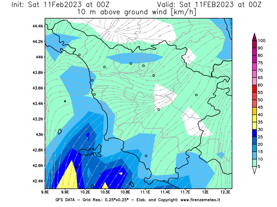 Mappa di analisi GFS - Velocità del vento a 10 metri dal suolo [km/h] in Toscana
							del 11/02/2023 00 <!--googleoff: index-->UTC<!--googleon: index-->