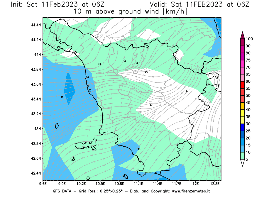 Mappa di analisi GFS - Velocità del vento a 10 metri dal suolo [km/h] in Toscana
							del 11/02/2023 06 <!--googleoff: index-->UTC<!--googleon: index-->