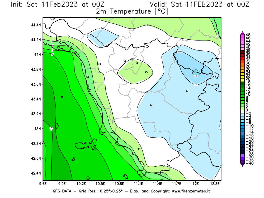 Mappa di analisi GFS - Temperatura a 2 metri dal suolo [°C] in Toscana
							del 11/02/2023 00 <!--googleoff: index-->UTC<!--googleon: index-->