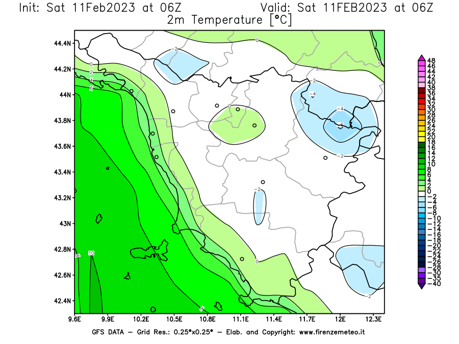 Mappa di analisi GFS - Temperatura a 2 metri dal suolo [°C] in Toscana
							del 11/02/2023 06 <!--googleoff: index-->UTC<!--googleon: index-->