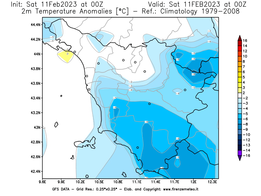 Mappa di analisi GFS - Anomalia Temperatura [°C] a 2 m in Toscana
							del 11/02/2023 00 <!--googleoff: index-->UTC<!--googleon: index-->