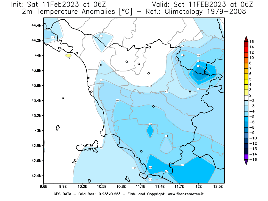 Mappa di analisi GFS - Anomalia Temperatura [°C] a 2 m in Toscana
							del 11/02/2023 06 <!--googleoff: index-->UTC<!--googleon: index-->
