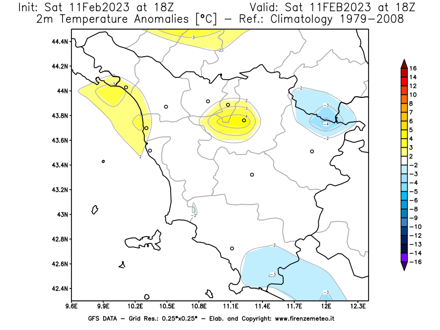 Mappa di analisi GFS - Anomalia Temperatura [°C] a 2 m in Toscana
							del 11/02/2023 18 <!--googleoff: index-->UTC<!--googleon: index-->