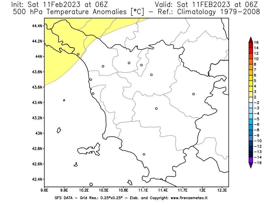 Mappa di analisi GFS - Anomalia Temperatura [°C] a 500 hPa in Toscana
							del 11/02/2023 06 <!--googleoff: index-->UTC<!--googleon: index-->