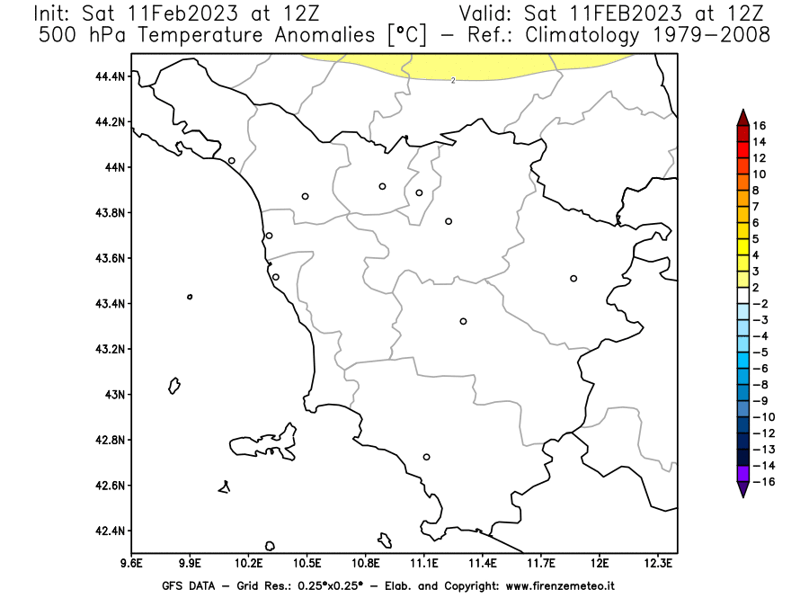 Mappa di analisi GFS - Anomalia Temperatura [°C] a 500 hPa in Toscana
							del 11/02/2023 12 <!--googleoff: index-->UTC<!--googleon: index-->