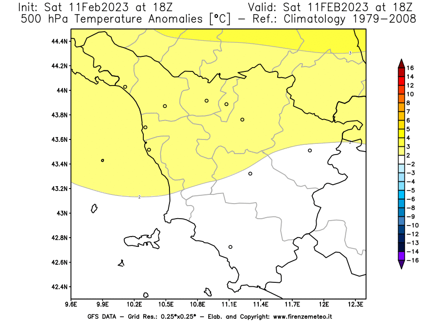 Mappa di analisi GFS - Anomalia Temperatura [°C] a 500 hPa in Toscana
							del 11/02/2023 18 <!--googleoff: index-->UTC<!--googleon: index-->