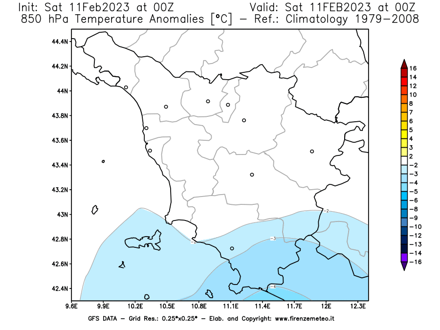 Mappa di analisi GFS - Anomalia Temperatura [°C] a 850 hPa in Toscana
							del 11/02/2023 00 <!--googleoff: index-->UTC<!--googleon: index-->