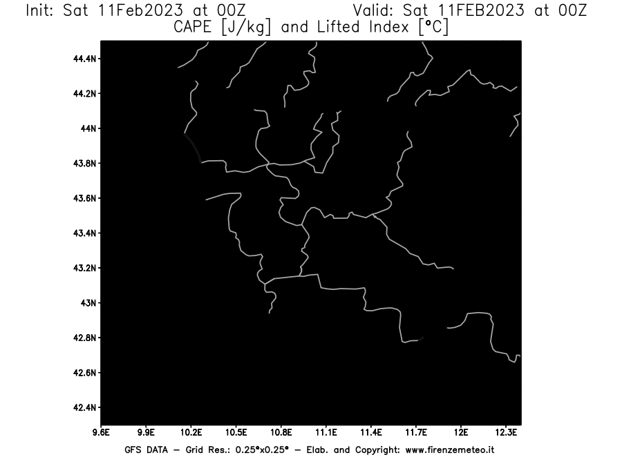 Mappa di analisi GFS - CAPE [J/kg] e Lifted Index [°C] in Toscana
							del 11/02/2023 00 <!--googleoff: index-->UTC<!--googleon: index-->