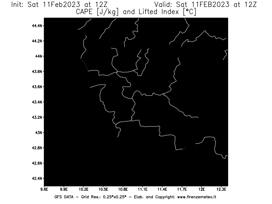 Mappa di analisi GFS - CAPE [J/kg] e Lifted Index [°C] in Toscana
							del 11/02/2023 12 <!--googleoff: index-->UTC<!--googleon: index-->