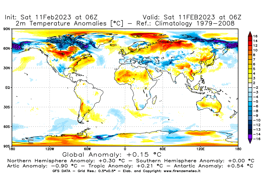 Mappa di analisi GFS - Anomalia Temperatura [°C] a 2 m in World
							del 11/02/2023 06 <!--googleoff: index-->UTC<!--googleon: index-->