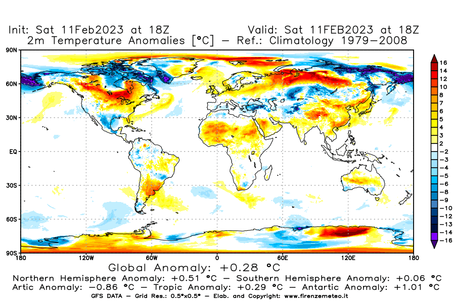 Mappa di analisi GFS - Anomalia Temperatura [°C] a 2 m in World
							del 11/02/2023 18 <!--googleoff: index-->UTC<!--googleon: index-->