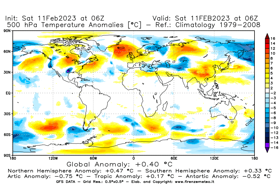Mappa di analisi GFS - Anomalia Temperatura [°C] a 500 hPa in World
							del 11/02/2023 06 <!--googleoff: index-->UTC<!--googleon: index-->