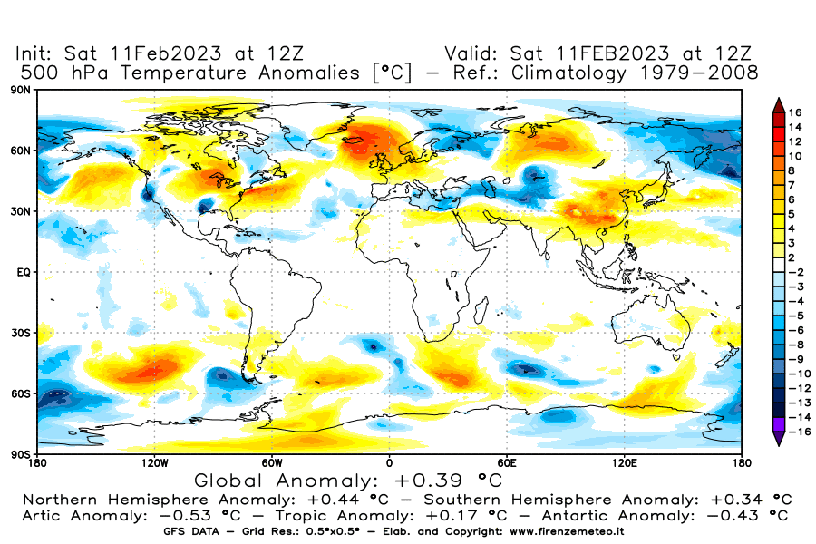 Mappa di analisi GFS - Anomalia Temperatura [°C] a 500 hPa in World
							del 11/02/2023 12 <!--googleoff: index-->UTC<!--googleon: index-->