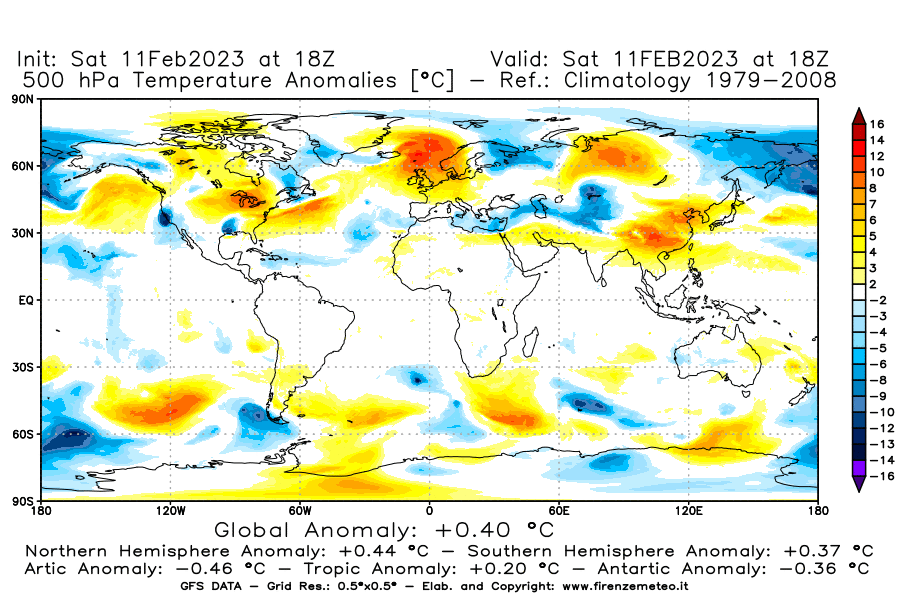 Mappa di analisi GFS - Anomalia Temperatura [°C] a 500 hPa in World
							del 11/02/2023 18 <!--googleoff: index-->UTC<!--googleon: index-->