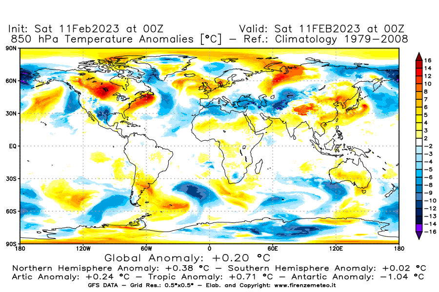 Mappa di analisi GFS - Anomalia Temperatura [°C] a 850 hPa in World
							del 11/02/2023 00 <!--googleoff: index-->UTC<!--googleon: index-->