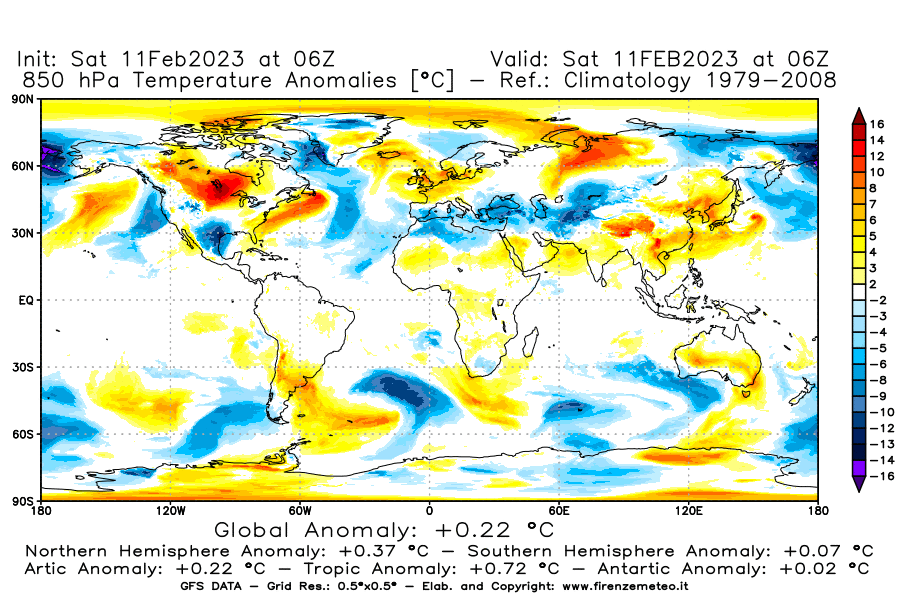 Mappa di analisi GFS - Anomalia Temperatura [°C] a 850 hPa in World
							del 11/02/2023 06 <!--googleoff: index-->UTC<!--googleon: index-->