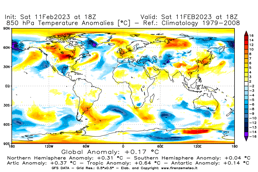 Mappa di analisi GFS - Anomalia Temperatura [°C] a 850 hPa in World
							del 11/02/2023 18 <!--googleoff: index-->UTC<!--googleon: index-->