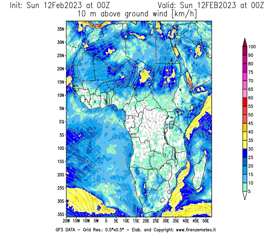 Mappa di analisi GFS - Velocità del vento a 10 metri dal suolo [km/h] in Africa
							del 12/02/2023 00 <!--googleoff: index-->UTC<!--googleon: index-->
