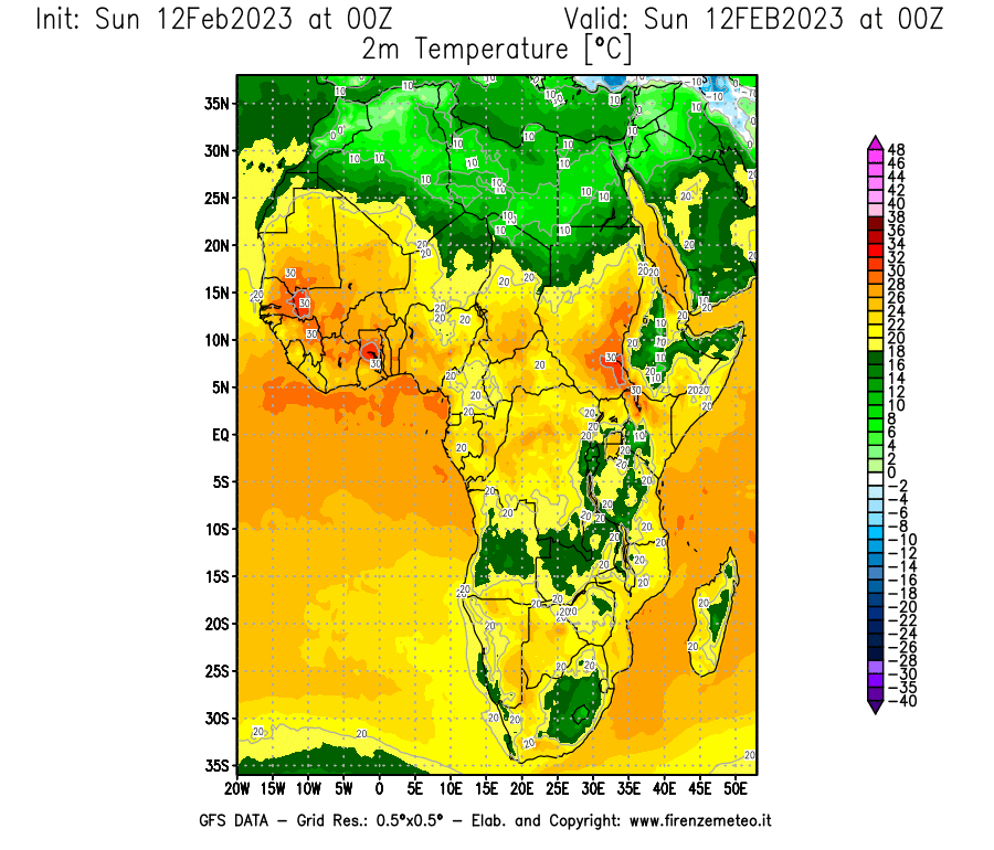 Mappa di analisi GFS - Temperatura a 2 metri dal suolo [°C] in Africa
							del 12/02/2023 00 <!--googleoff: index-->UTC<!--googleon: index-->