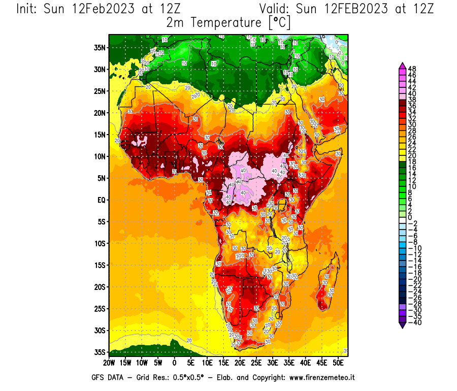 Mappa di analisi GFS - Temperatura a 2 metri dal suolo [°C] in Africa
							del 12/02/2023 12 <!--googleoff: index-->UTC<!--googleon: index-->