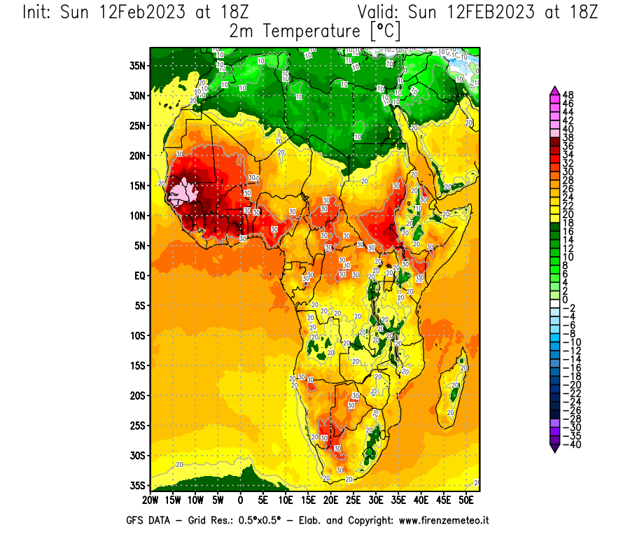 Mappa di analisi GFS - Temperatura a 2 metri dal suolo [°C] in Africa
							del 12/02/2023 18 <!--googleoff: index-->UTC<!--googleon: index-->