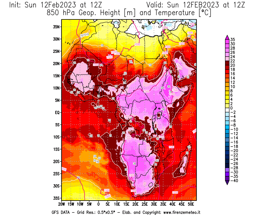 Mappa di analisi GFS - Geopotenziale [m] e Temperatura [°C] a 850 hPa in Africa
							del 12/02/2023 12 <!--googleoff: index-->UTC<!--googleon: index-->