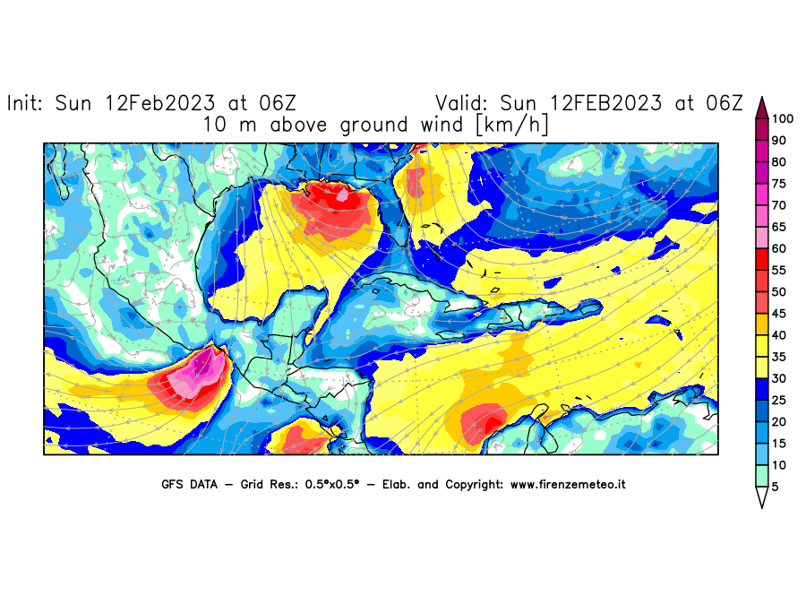 Mappa di analisi GFS - Velocità del vento a 10 metri dal suolo [km/h] in Centro-America
							del 12/02/2023 06 <!--googleoff: index-->UTC<!--googleon: index-->