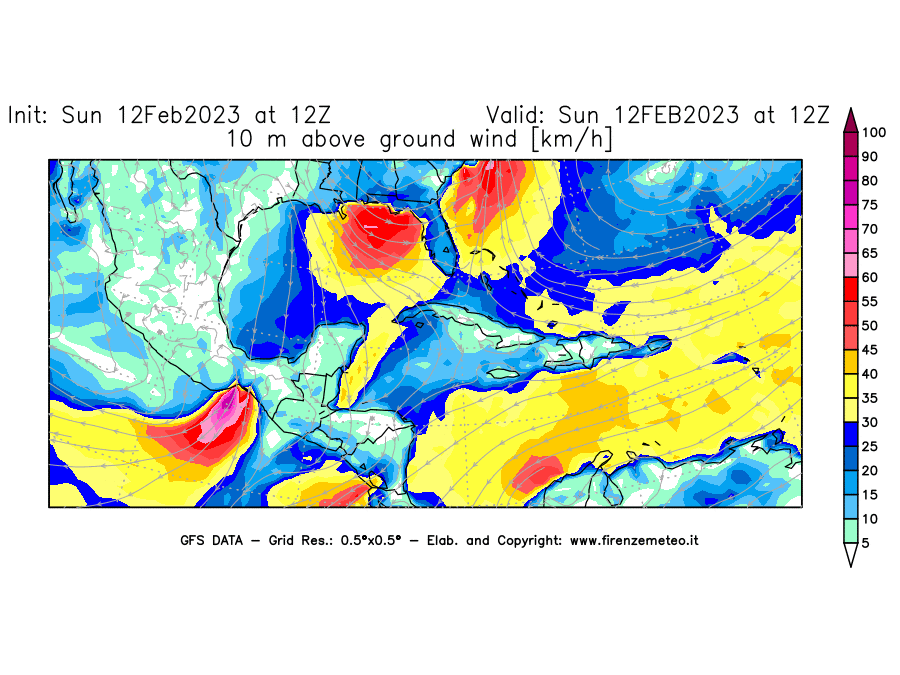 Mappa di analisi GFS - Velocità del vento a 10 metri dal suolo [km/h] in Centro-America
							del 12/02/2023 12 <!--googleoff: index-->UTC<!--googleon: index-->