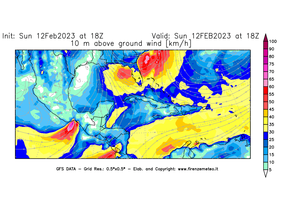 Mappa di analisi GFS - Velocità del vento a 10 metri dal suolo [km/h] in Centro-America
							del 12/02/2023 18 <!--googleoff: index-->UTC<!--googleon: index-->