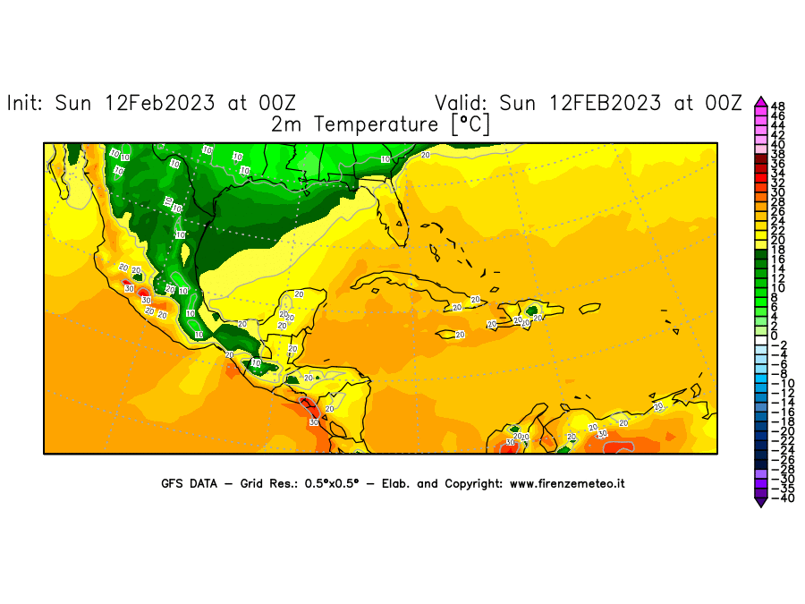 Mappa di analisi GFS - Temperatura a 2 metri dal suolo [°C] in Centro-America
							del 12/02/2023 00 <!--googleoff: index-->UTC<!--googleon: index-->