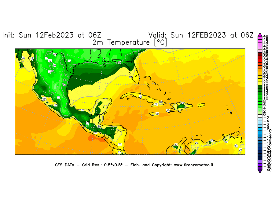 Mappa di analisi GFS - Temperatura a 2 metri dal suolo [°C] in Centro-America
							del 12/02/2023 06 <!--googleoff: index-->UTC<!--googleon: index-->