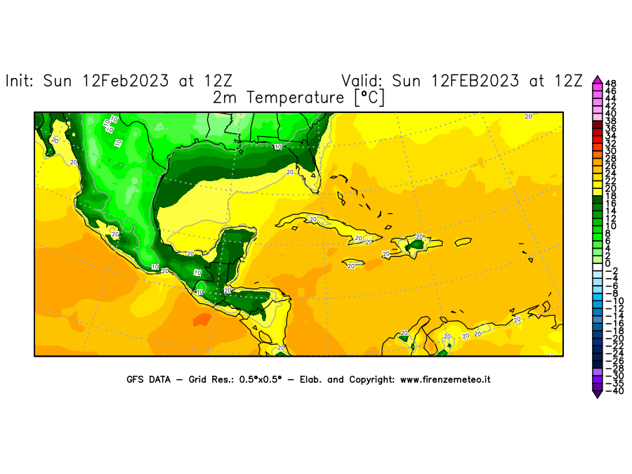 Mappa di analisi GFS - Temperatura a 2 metri dal suolo [°C] in Centro-America
							del 12/02/2023 12 <!--googleoff: index-->UTC<!--googleon: index-->