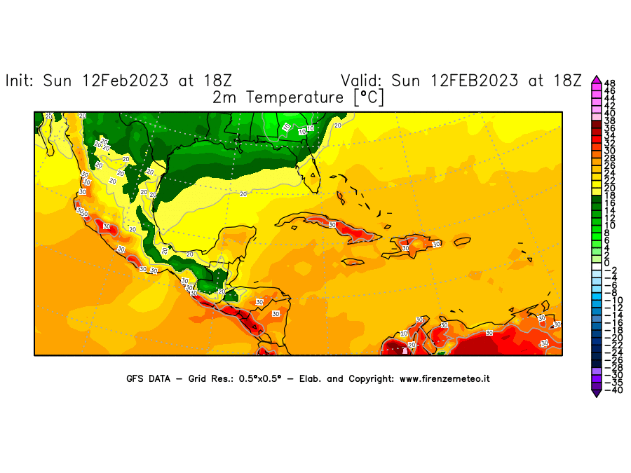Mappa di analisi GFS - Temperatura a 2 metri dal suolo [°C] in Centro-America
							del 12/02/2023 18 <!--googleoff: index-->UTC<!--googleon: index-->