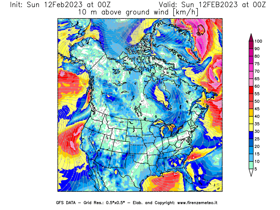 Mappa di analisi GFS - Velocità del vento a 10 metri dal suolo [km/h] in Nord-America
							del 12/02/2023 00 <!--googleoff: index-->UTC<!--googleon: index-->