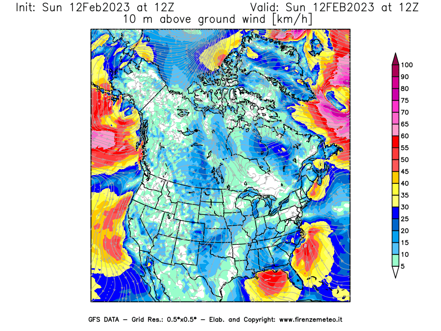 Mappa di analisi GFS - Velocità del vento a 10 metri dal suolo [km/h] in Nord-America
							del 12/02/2023 12 <!--googleoff: index-->UTC<!--googleon: index-->