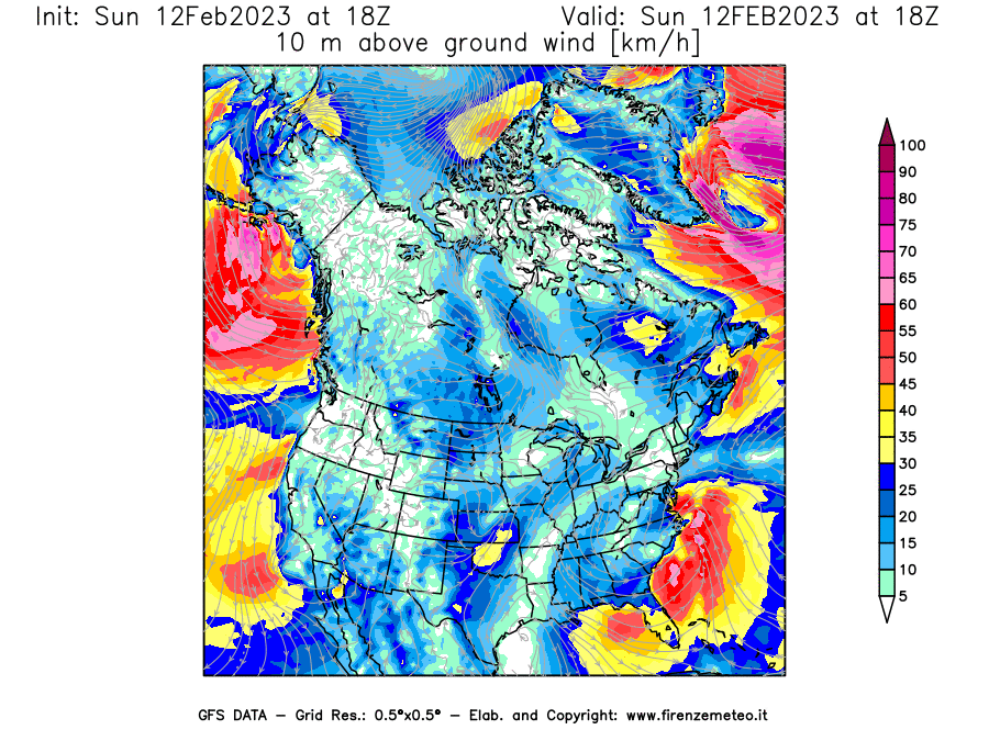 Mappa di analisi GFS - Velocità del vento a 10 metri dal suolo [km/h] in Nord-America
							del 12/02/2023 18 <!--googleoff: index-->UTC<!--googleon: index-->