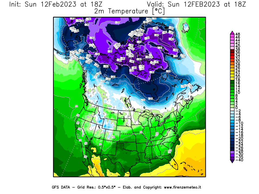 Mappa di analisi GFS - Temperatura a 2 metri dal suolo [°C] in Nord-America
							del 12/02/2023 18 <!--googleoff: index-->UTC<!--googleon: index-->